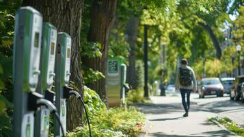 une banlieusard en marchant le long de une arboré trottoir qui passe par électrique véhicule mise en charge stations et une signe promouvoir le utilisation de renouvelable énergie pour personnel transport. photo