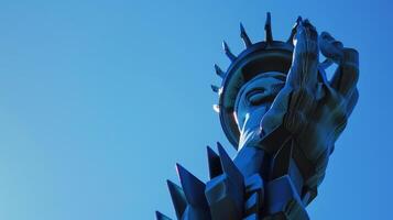 un iconique statue une fois une symbole de liberté et liberté maintenant réinventé comme une teinte biocarburant établissement ses bleu vert flammes visible de le torche tenue haute au-dessus de. photo