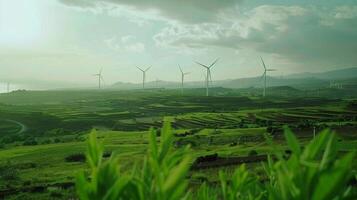 une vue de une luxuriant vert paysage avec vent turbines dans le distance signifiant le utilisation de renouvelable énergie sources dans protéger le planète et ses océans. photo