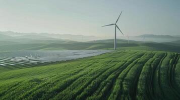 une vent turbine ferme permanent grand sur une vert colline avec Lignes de solaire panneaux propager en dehors dans le distance tout travail ensemble à Puissance une biocarburant plante proche. cette image représente le photo