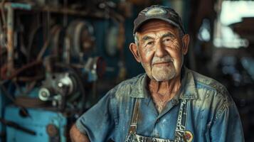 une portrait de une machinist avec une patiné visage et mains portant une délavé chemise avec le emblème de le sien commerce. le subtil sourire sur le sien visage dégage fierté et la satisfaction dans une emploi bien photo