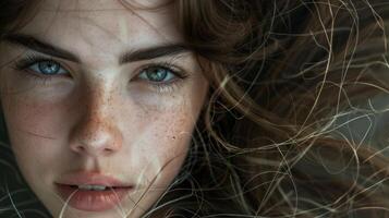 une fermer portrait avec une femme avec intense concentré yeux sa cheveux orné avec délicat infini symboles cette sembler à errer sans cesse comme une Labyrinthe. photo