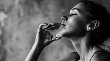 une ballet Danseur sirotant l'eau et élongation gracieusement sa serein visage révélateur le intense physique demandes de sa artisanat. photo