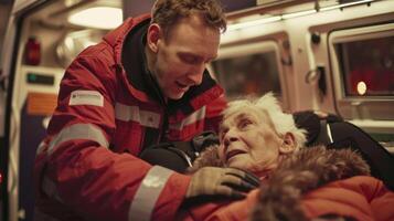 une paramédical doucement aide un personnes âgées femme dans un ambulance le sien doux comportement et rassurant sourire une rappel de le la compassion et dignité montré dans même le plus difficile de photo