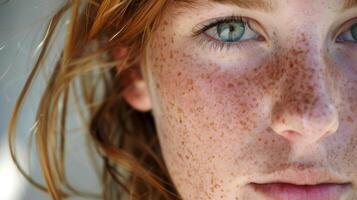 le taches de rousseur sur sa visage sembler à fleur avec chaque qui passe saison devenir plus important et radiant avec temps. photo