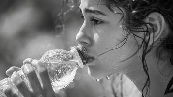 elle amené le l'eau bouteille à sa lèvres reconnaissant pour une moment à remplir sa trempé de sueur corps. photo