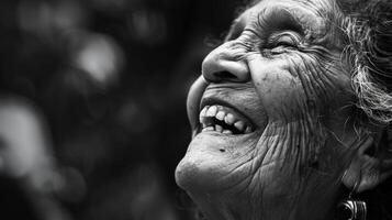 sa rire lignes beaucoup comme une rivière vent leur façon à travers sa visage en quittant derrière une Piste de joie dans leur réveiller. photo