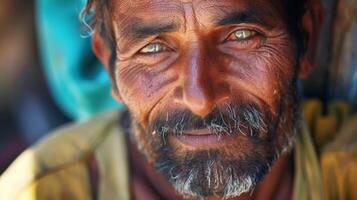 un autre mans expression est une mélanger de tous les deux bonheur et chagrin création une aigre-doux sincère sourire. photo