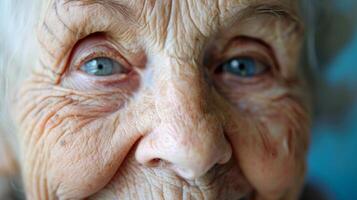 une fermer de un personnes âgées les femmes visage avec une serein expression et doux rire lignes exsudant une sens de paix et contentement. photo
