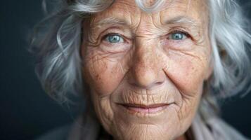 une portrait de un personnes âgées les femmes visage avec argent cheveux encadrement sa paisible expression rayonnant une silencieux et digne présence. photo