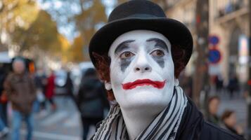 une mime artistes expressif peint visage convoyer une monde de émotions sans pour autant prononcer une Célibataire mot sur une occupé rue coin. photo