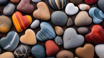 une séries de en forme de cœur rochers de tout tailles terré le long de le littoral, chaque avec unique motifs et couleurs. photo