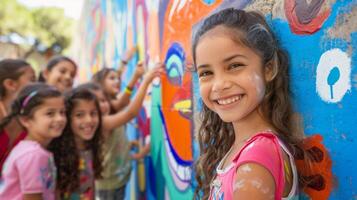 une groupe de les enfants avec enthousiasme peindre coloré peintures murales sur le des murs de le communauté centres terrain de jeux zone photo