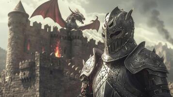 une audacieux Chevalier portant d'inspiration médiévale armure et une féroce dragon masque prêt pour bataille. dans le Contexte une médiéval Château avec spectaculaire pierre des murs et une ardent drago photo