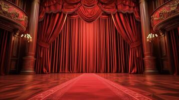 Contexte le grandiose théâtre est bourdonnant avec excitation et anticipation comme vous faire votre grandiose entrée le rouge de votre robe à la perfection correspondant à le théâtres iconique rideau photo