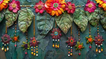 une vibrant courir porte pendaison fabriqué de mangue feuilles fleurs et perles orner le entrée de une Accueil à Bienvenue la prospérité et bien fortune pendant diwali photo