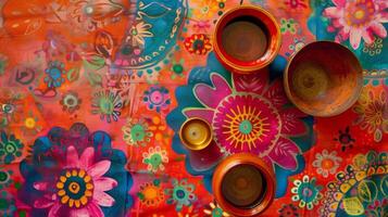 une coloré et de fête nappe de table avec traditionnel motifs et couleurs ajouter à le joyeux et fête atmosphère de diwali photo