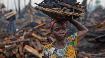 une femme soldes une grand panier de laissé pour compte bois restes sur sa tête comme elle des promenades vers le charbon four dans le distance photo