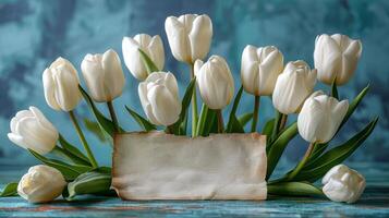 une bouquet de blanc tulipes sur marron papier photo