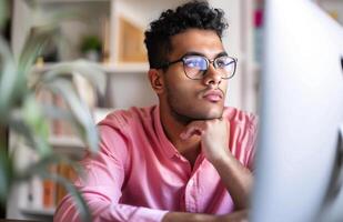 concentré homme travail à une ordinateur dans une moderne Bureau photo