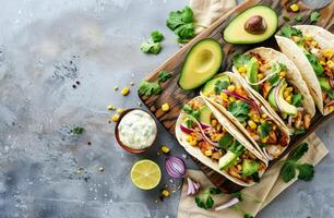 délicieux poulet tacos avec avocat, maïs, et coriandre sur en bois Coupe planche photo