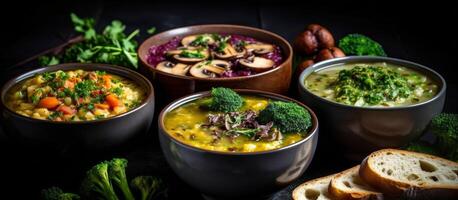 Trois différent boules de soupe avec Frais herbes et pain sur une noir Contexte photo