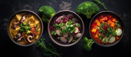 Trois différent boules de soupe avec Frais herbes et pain sur une noir Contexte photo