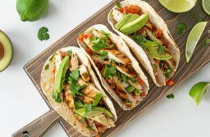 Trois poulet tacos avec Avocat et coriandre sur en bois planche photo