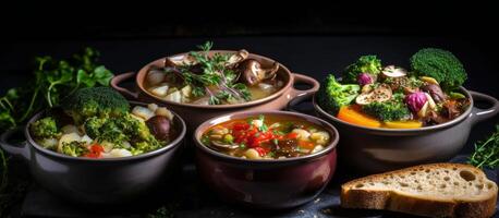 Trois différent boules de soupe avec Frais herbes et pain sur une noir Contexte photo