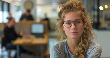 Jeune femme avec blond tresses portant des lunettes dans un Bureau réglage photo