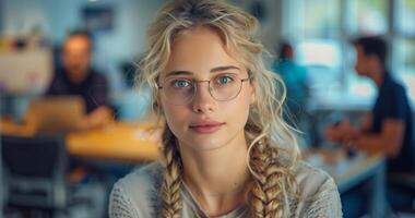 Jeune femme avec blond tresses portant des lunettes dans un Bureau réglage photo