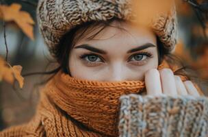 femme portant tricoté chapeau et écharpe dans l'automne photo