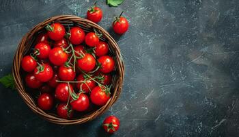 proche en haut de rouge mûr Cerise tomates dans une osier panier sur une vert Contexte photo