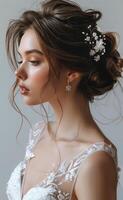 portrait de une femme avec longue marron cheveux dans un élégant blanc robe photo