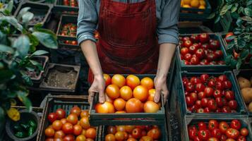 agriculteur en portant Frais tomates et légumes verts dans en bois Caisse à marché photo