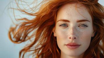 femme avec rouge cheveux soufflant dans le vent photo