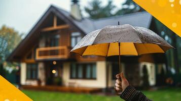 Jeune fille sourit en dessous de Jaune parapluie sur pluvieux journée photo