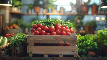 Frais rouge tomates sur en bois Coupe planche avec basilic et épices dans Naturel lumière du soleil photo