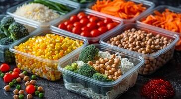 assorti des légumes dans clair Plastique conteneurs pour vente à une marché photo