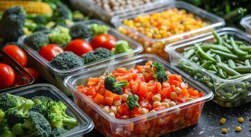 assorti des légumes dans clair Plastique conteneurs pour vente à une marché photo