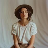 femme portant chapeau séance sur chaise photo