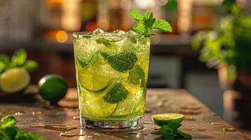 rafraîchissant verre de Mojito avec citron vert et menthe photo