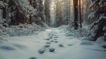 ours empreintes dans le neige, de premier plan dans une dense forêt, en sourdine couleurs photo