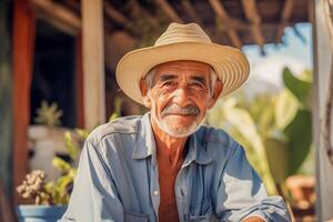 portrait de un vieux homme dans le arrière-cour de le sien maison photo