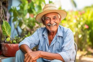 portrait de un vieux homme dans le arrière-cour de le sien maison photo