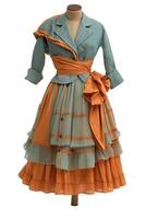 élégant ancien sarcelle et Orange robe sur mannequin isolé sur blanc arrière-plan, adapté pour mode concepts et historique costume événements photo