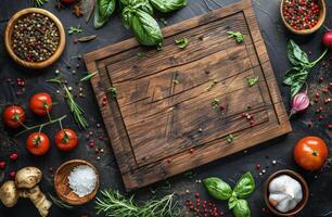 rustique en bois Coupe planche entouré par Frais herbes, épices, et des légumes photo