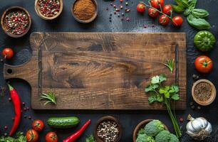 rustique en bois Coupe planche entouré par Frais des légumes et épices photo