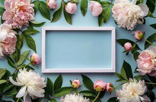 blanc Cadre avec rose fleurs et vert feuilles photo