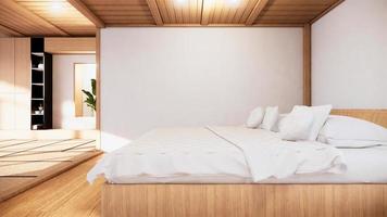 maquette de mur intérieur de maison avec lit en bois sur un design minimaliste de chambre zen. rendu 3D. photo